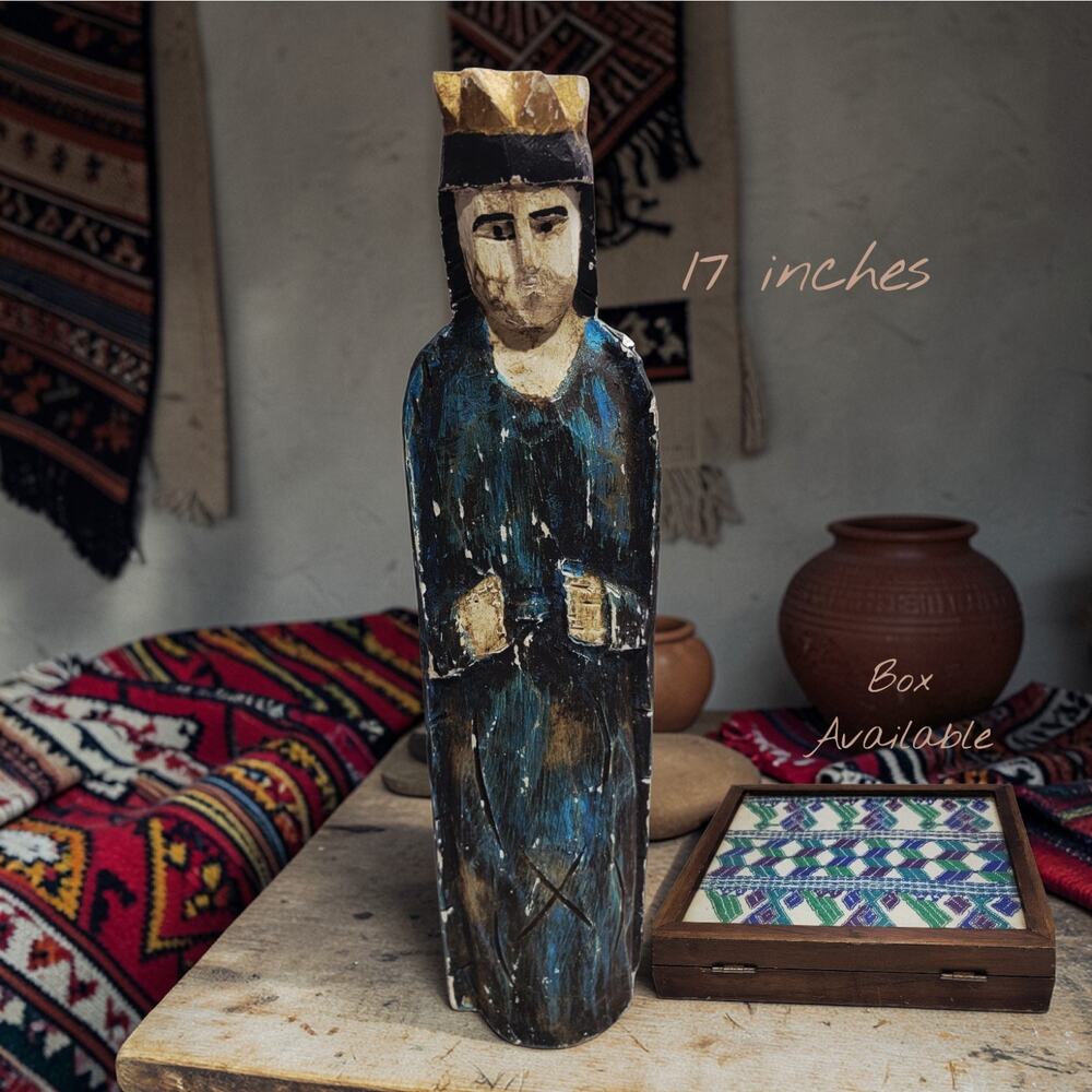 Vintage Hand Carved Primitive Saint wise man, queen - Guatemala Blue 17"